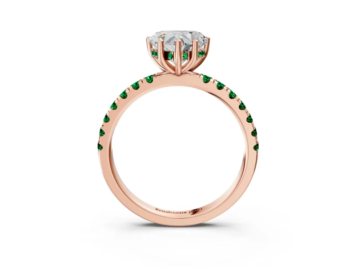 Heart Cut Diamond Pave Band Solitaire Ring with Round Emerald and Prong Setting Rose gold