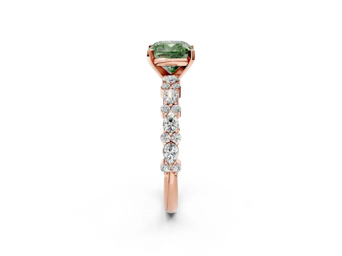 Fancy Green Cushion Cut Diamond Side Stone Solitaire Ring with Round and Four-Prong Setting Rose gold