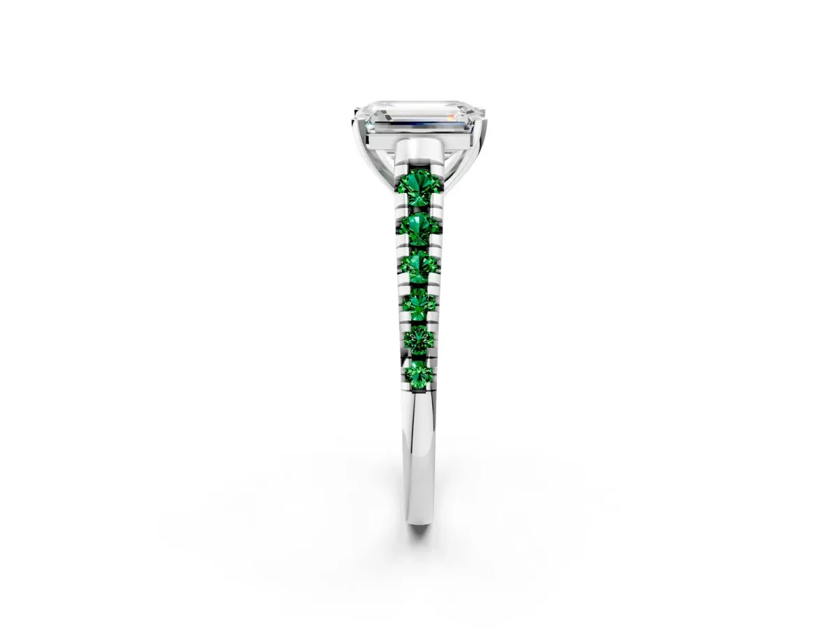 Emerald Cut Diamond Cathedral Solitaire Ring with Round Emerald Pavé Band White gold
