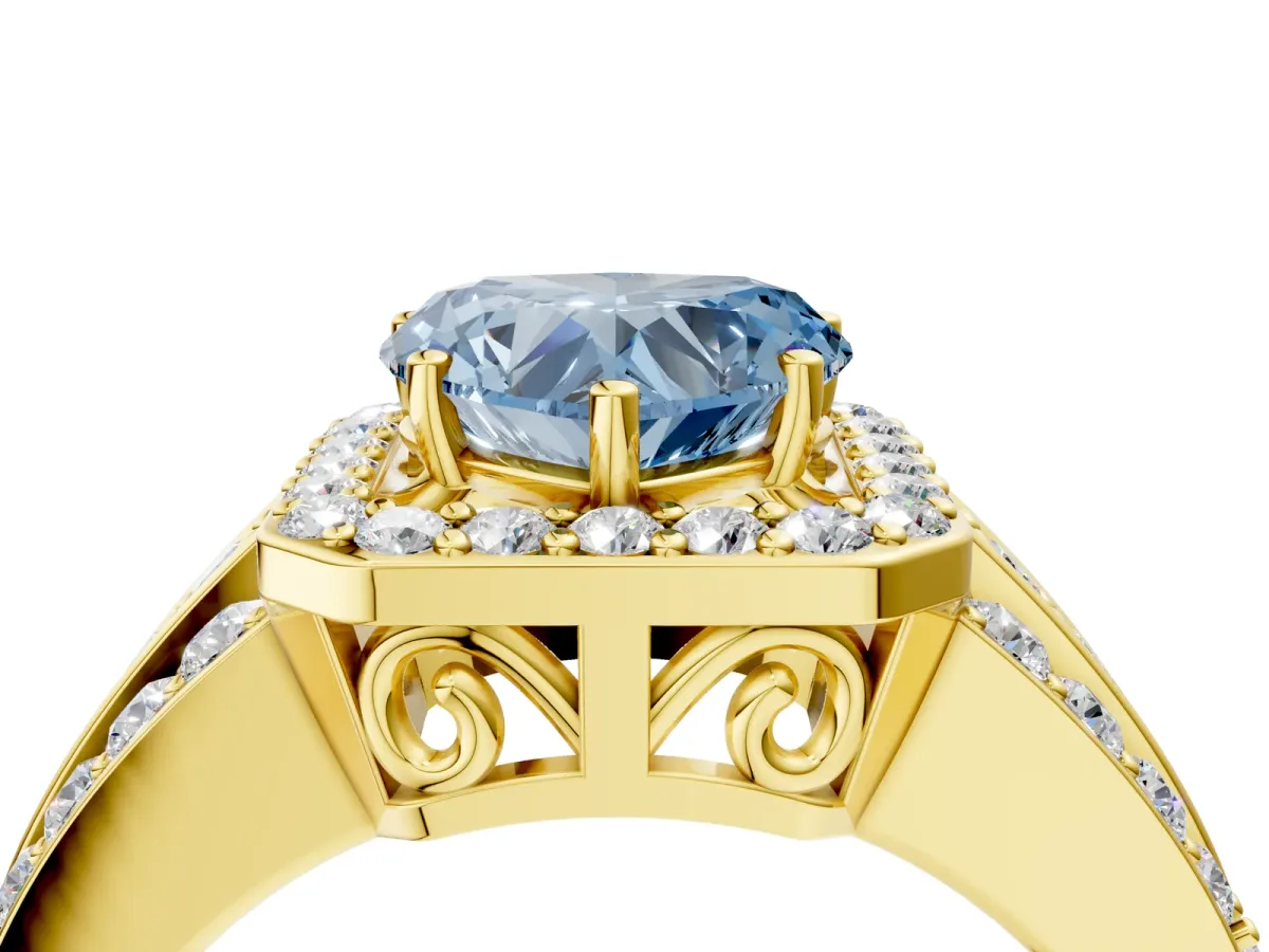 Fancy Blue Heart Cut Halo Diamond Ring with Round Split Shank and Prong Setting Yellow gold