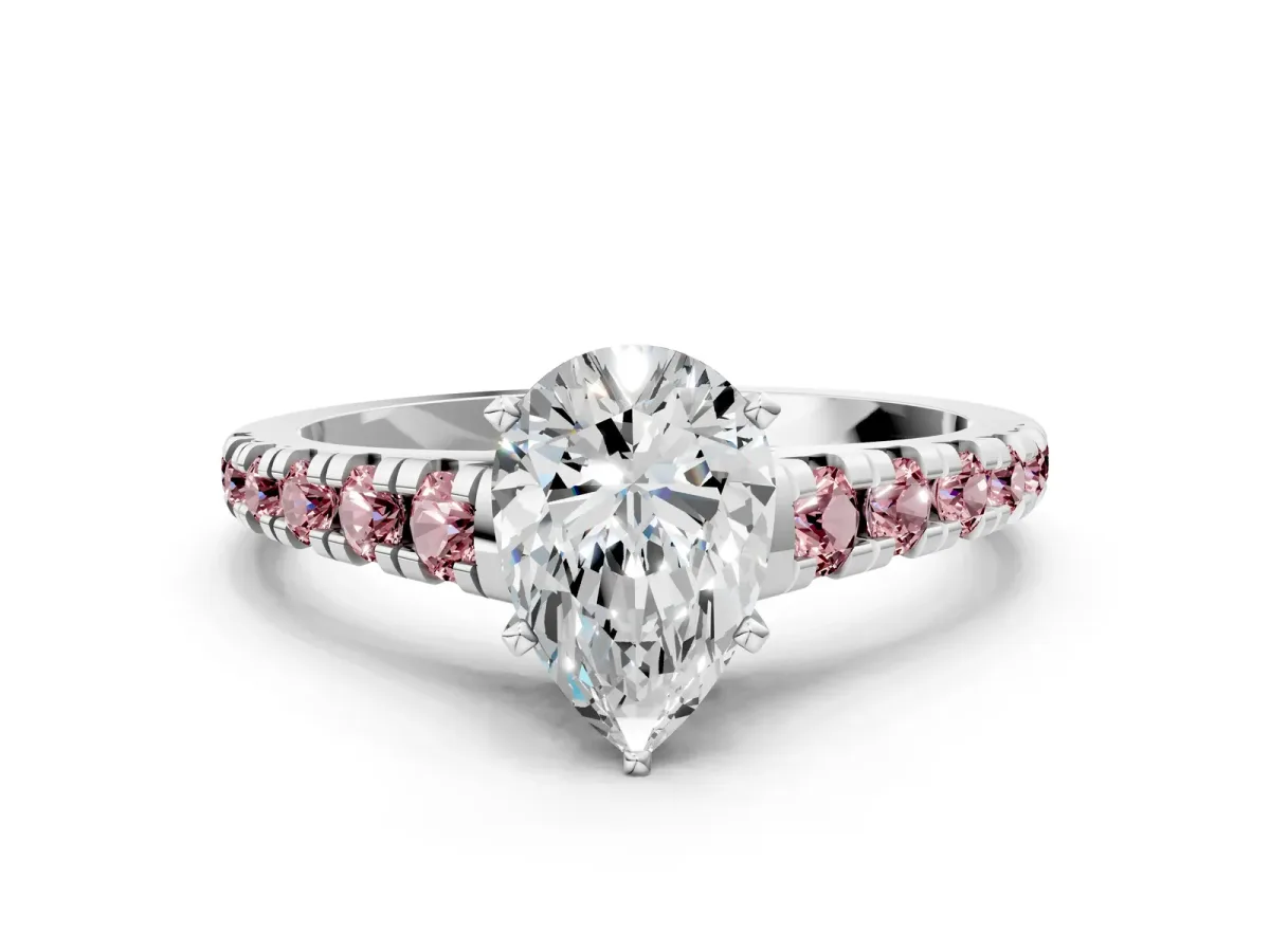 Pear Cut Diamond Cathedral Solitaire Ring with Round Morganite Pavé Band Silver