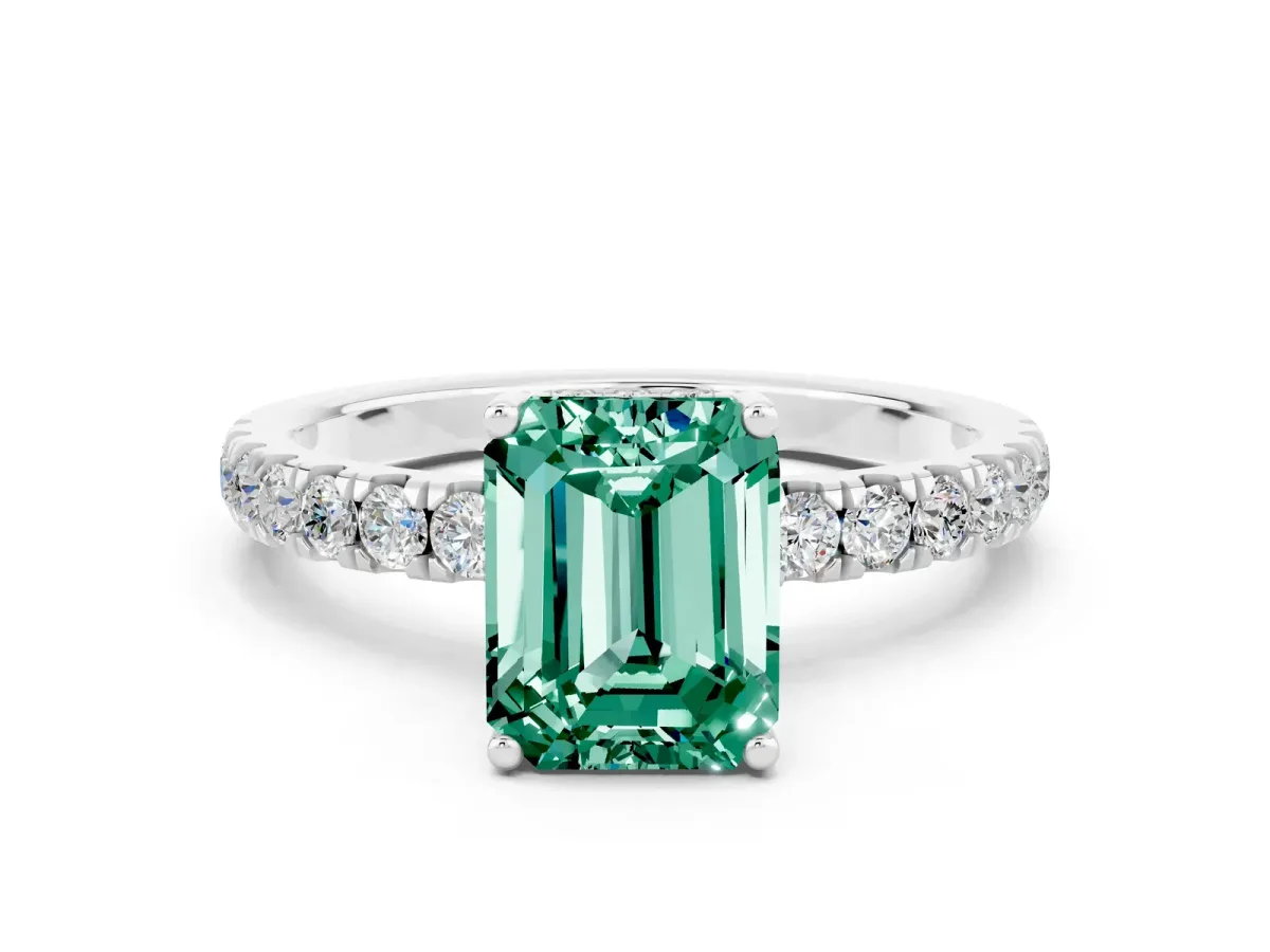 Emerald Cut Green Sapphire Pave Band Solitaire Ring with Round and Prong Setting Platinum