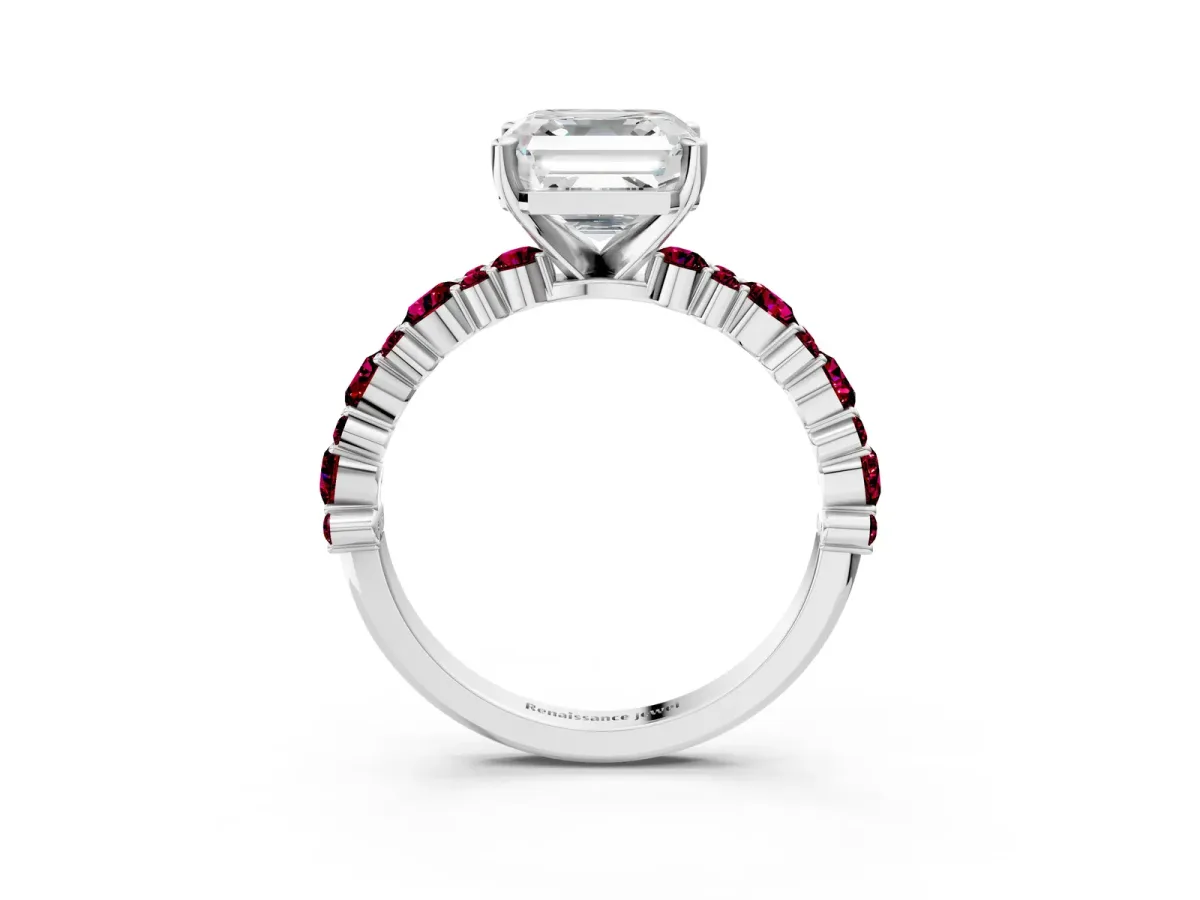 Asscher Cut Diamond Side Stone Solitaire Ring with Round Garnet and Four-Prong Setting Silver