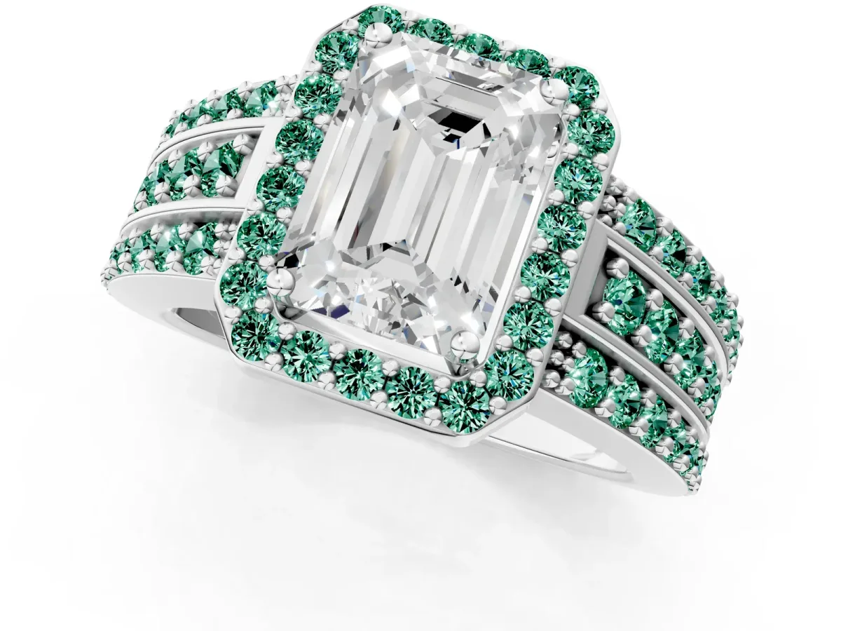 Emerald Cut Halo Diamond Ring with Round Green Sapphire Split Shank and Prong Setting White gold