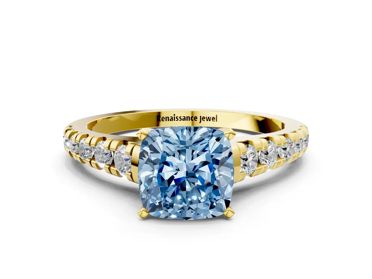 Fancy Blue Cushion Cut Diamond Cathedral Solitaire Ring with Round Pavé Band Yellow gold