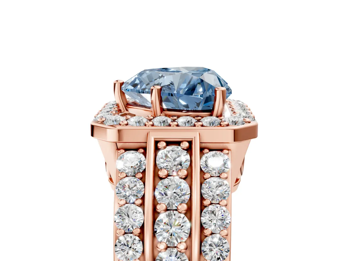 Fancy Blue Heart Cut Halo Diamond Ring with Round Split Shank and Prong Setting Rose gold