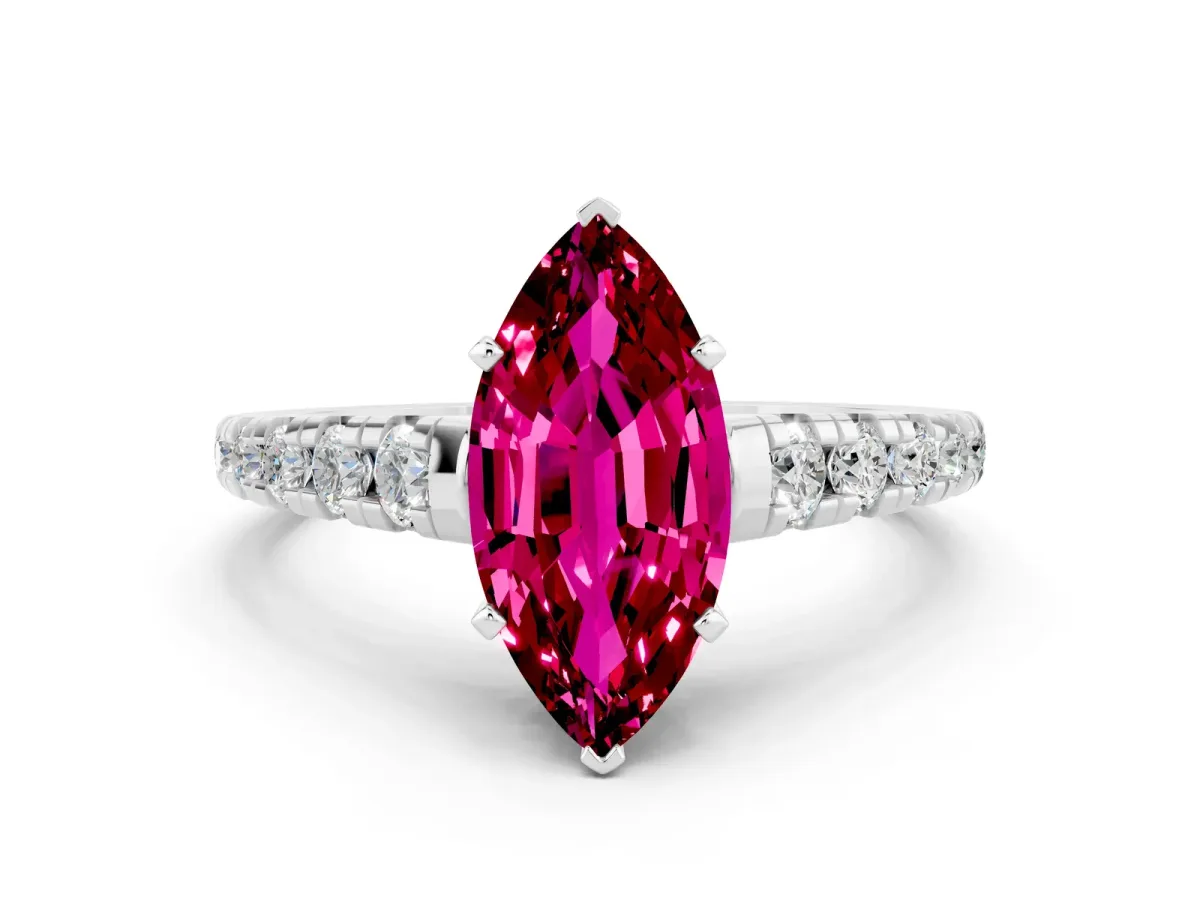 Marquise Cut Garnet Cathedral Solitaire Ring with Round Pavé Band White gold