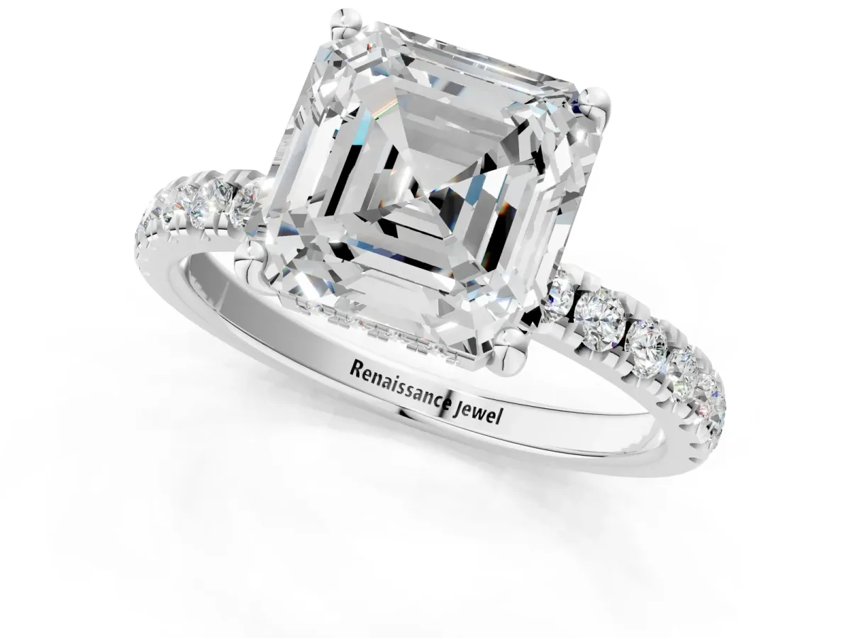 Asscher Cut Diamond Pave Band Solitaire Ring with Round Moissanite and Prong Setting Platinum