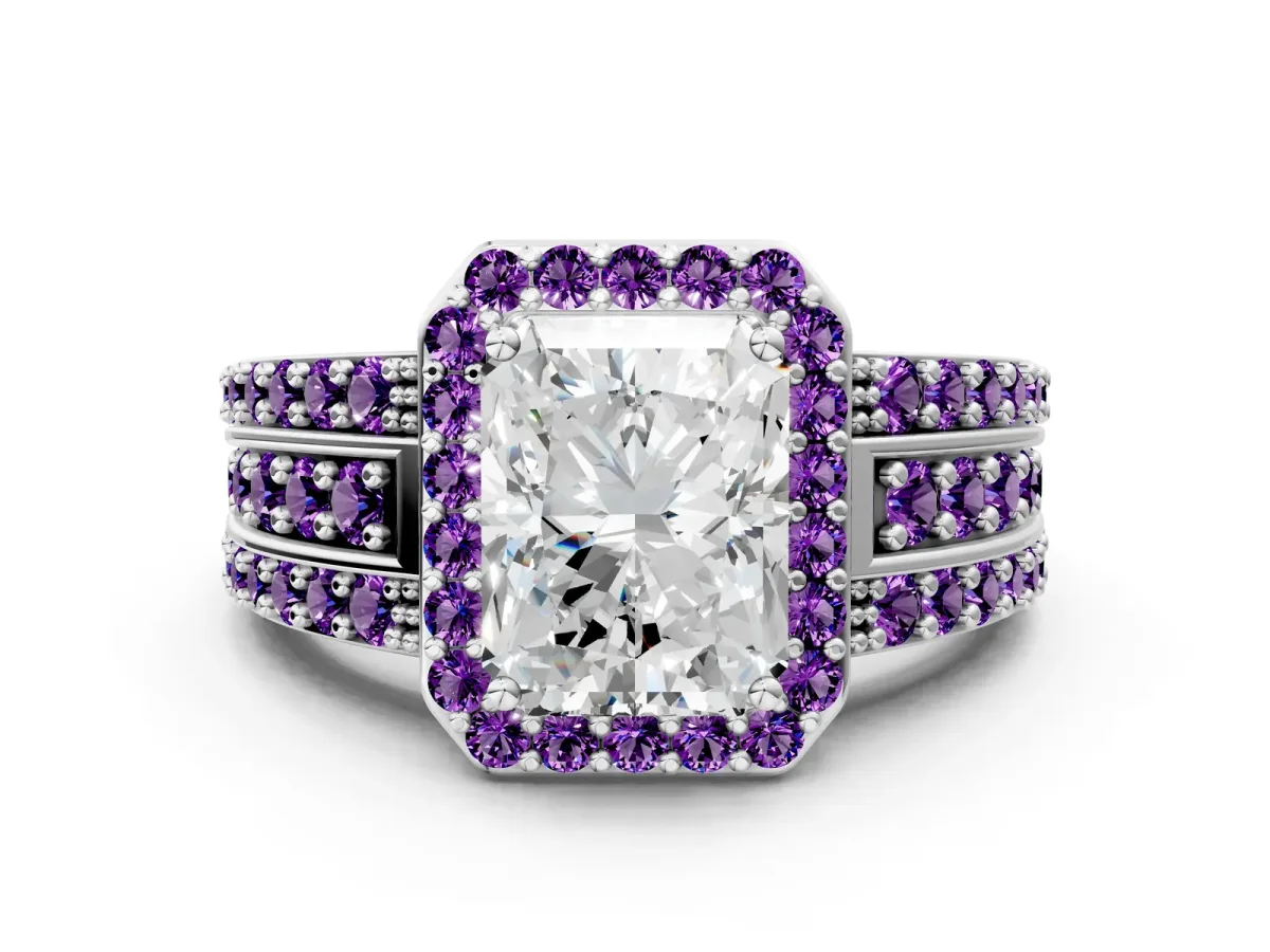 Radiant Cut Halo Diamond Ring with Round Amethyst Split Shank and Prong Setting Platinum