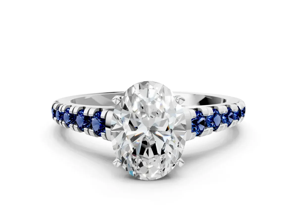 Oval Cut Diamond Cathedral Solitaire Ring with Round Blue Sapphire Pavé Band Silver