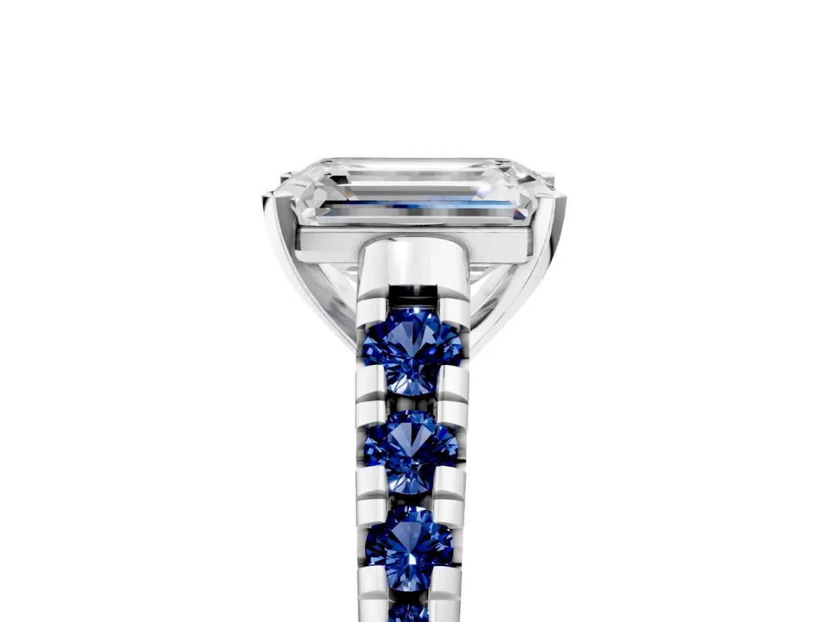 Emerald Cut Diamond Cathedral Solitaire Ring with Round Blue Sapphire Pavé Band Silver