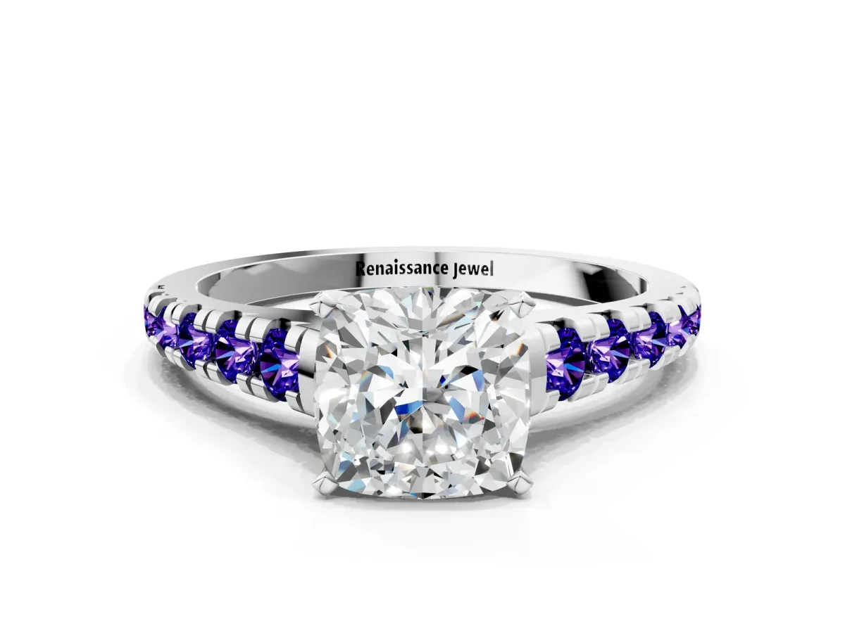 Cushion Cut Diamond Cathedral Solitaire Ring with Round Tanzanite Pavé Band Silver
