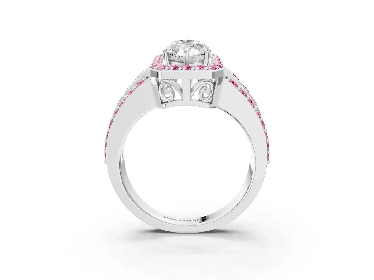 Marquise Cut Halo Diamond Ring with Round Pink Sapphire Split Shank and Prong Setting Platinum