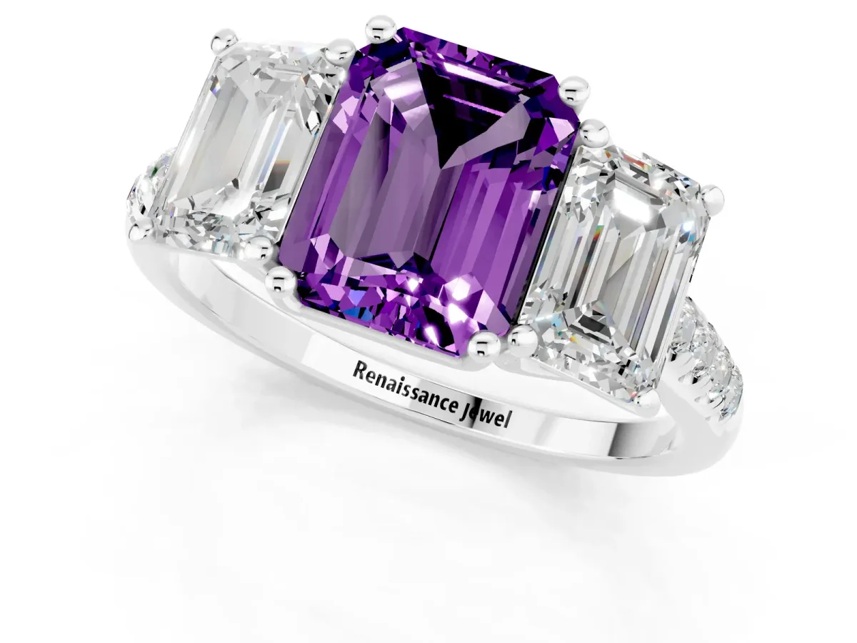 Three-Stone Emerald Cut Amethyst Ring with Round Pavé Band and Prong Setting Silver