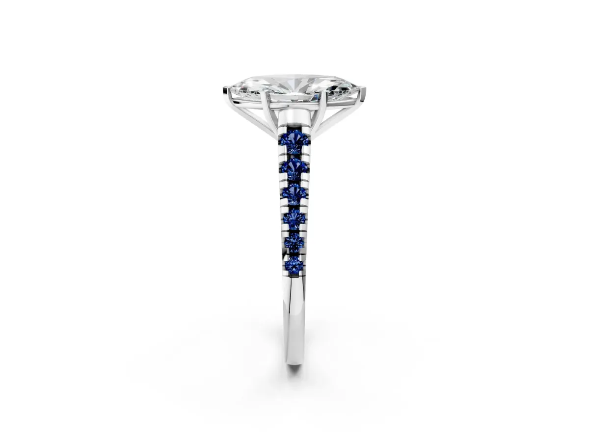 Marquise Cut Diamond Cathedral Solitaire Ring with Round Blue Sapphire Pavé Band Platinum