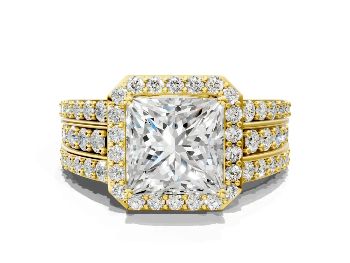 Princess Cut Halo Diamond Ring with Round Moissanite Split Shank and Prong Setting Yellow gold