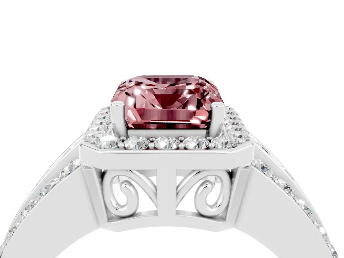 Emerald Cut Halo Morganite Ring with Round Split Shank and Prong Setting White gold