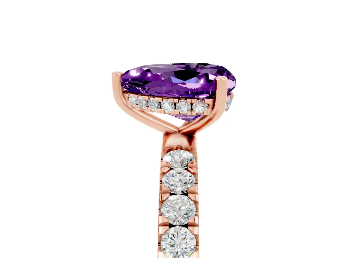 Heart Cut Amethyst Pave Band Solitaire Ring with Round and Prong Setting Rose gold
