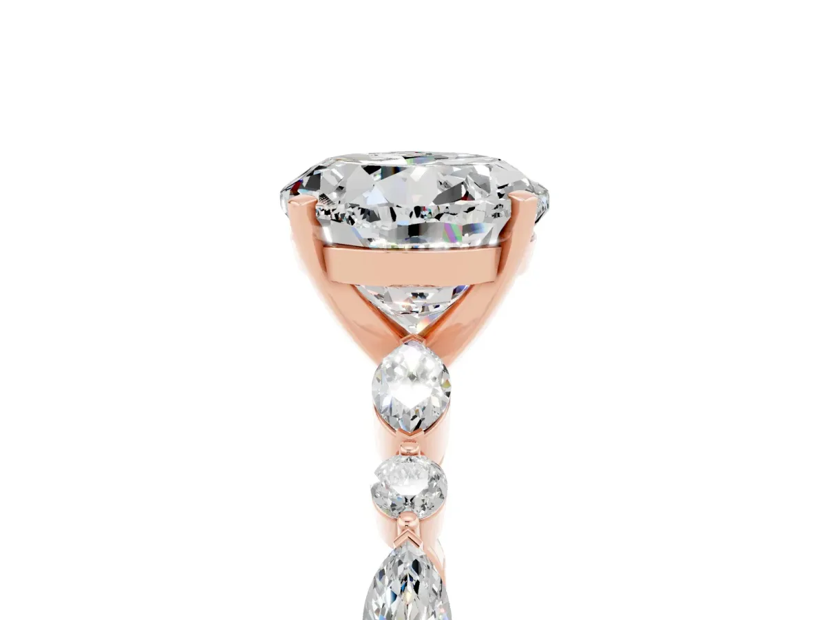 Round Cut Moissanite Ring with Marquise and Round Side Stones and Four-Prong Setting Rose gold