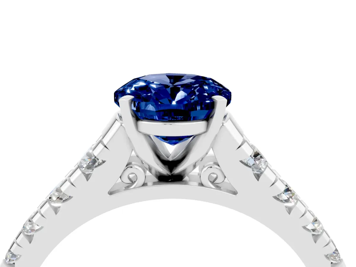 Oval Cut Blue Sapphire Cathedral Solitaire Ring with Round Pavé Band White gold