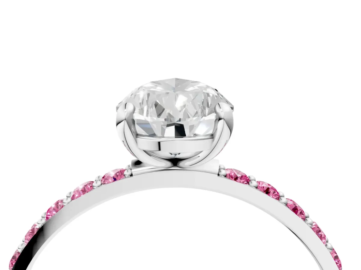 Pear Cut Diamond Solitaire Ring with Round Pink Sapphire Pavé Band and Prong Setting Platinum