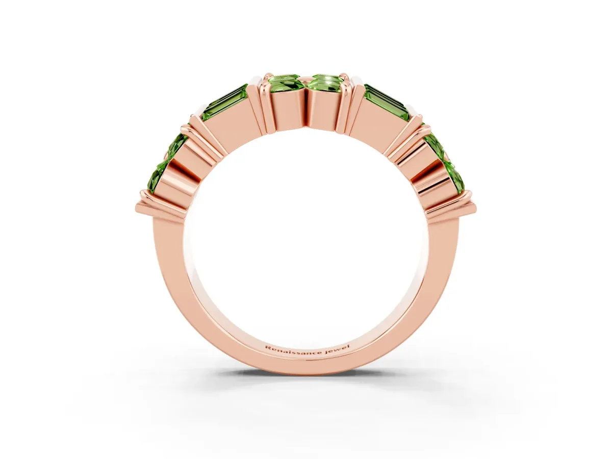 Channel Set Round and Baguette Peridot Anniversary Band with Prong Setting Rose gold
