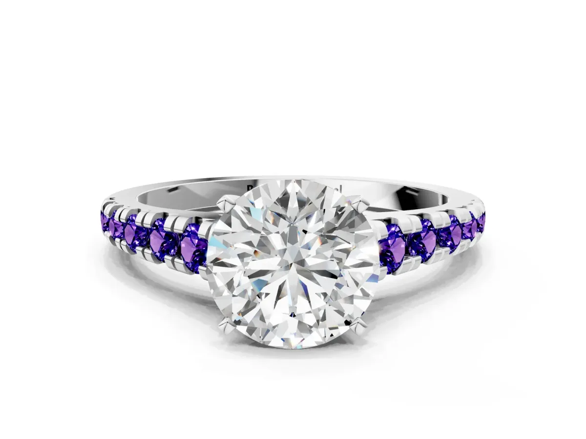 Round Cut Diamond Cathedral Solitaire Ring with Round Tanzanite Pavé Band Silver