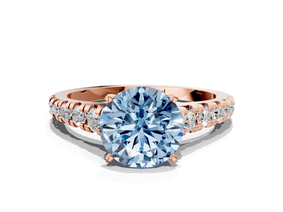 Fancy Blue Round Cut Diamond Cathedral Solitaire Ring with Round Pavé Band Rose gold