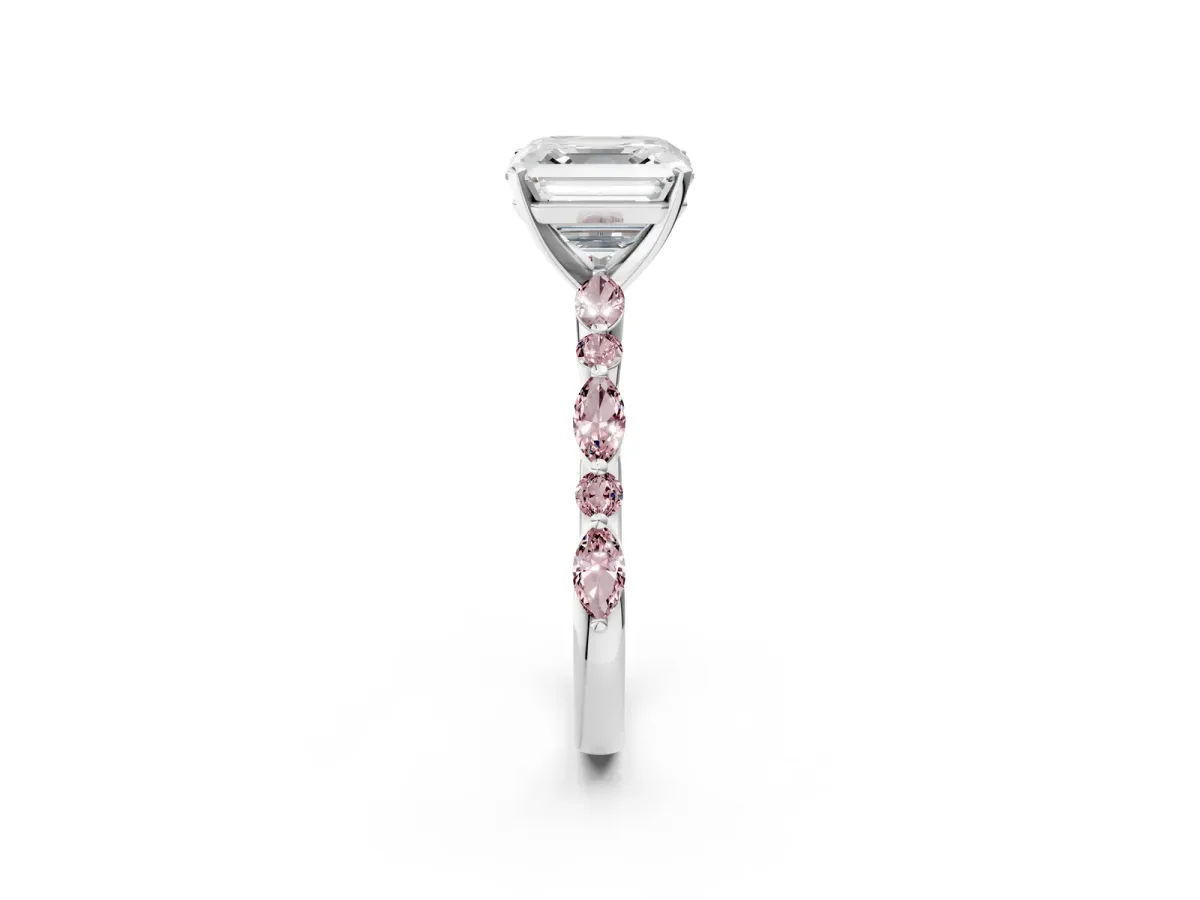Asscher Cut Diamond Ring with Marquise and Round Morganite Side Stones and Four-Prong Setting Silver