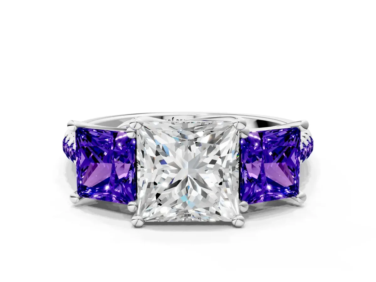 Three-Stone Princess Cut Diamond Ring with Round Tanzanite Pavé Band and Prong Setting Silver