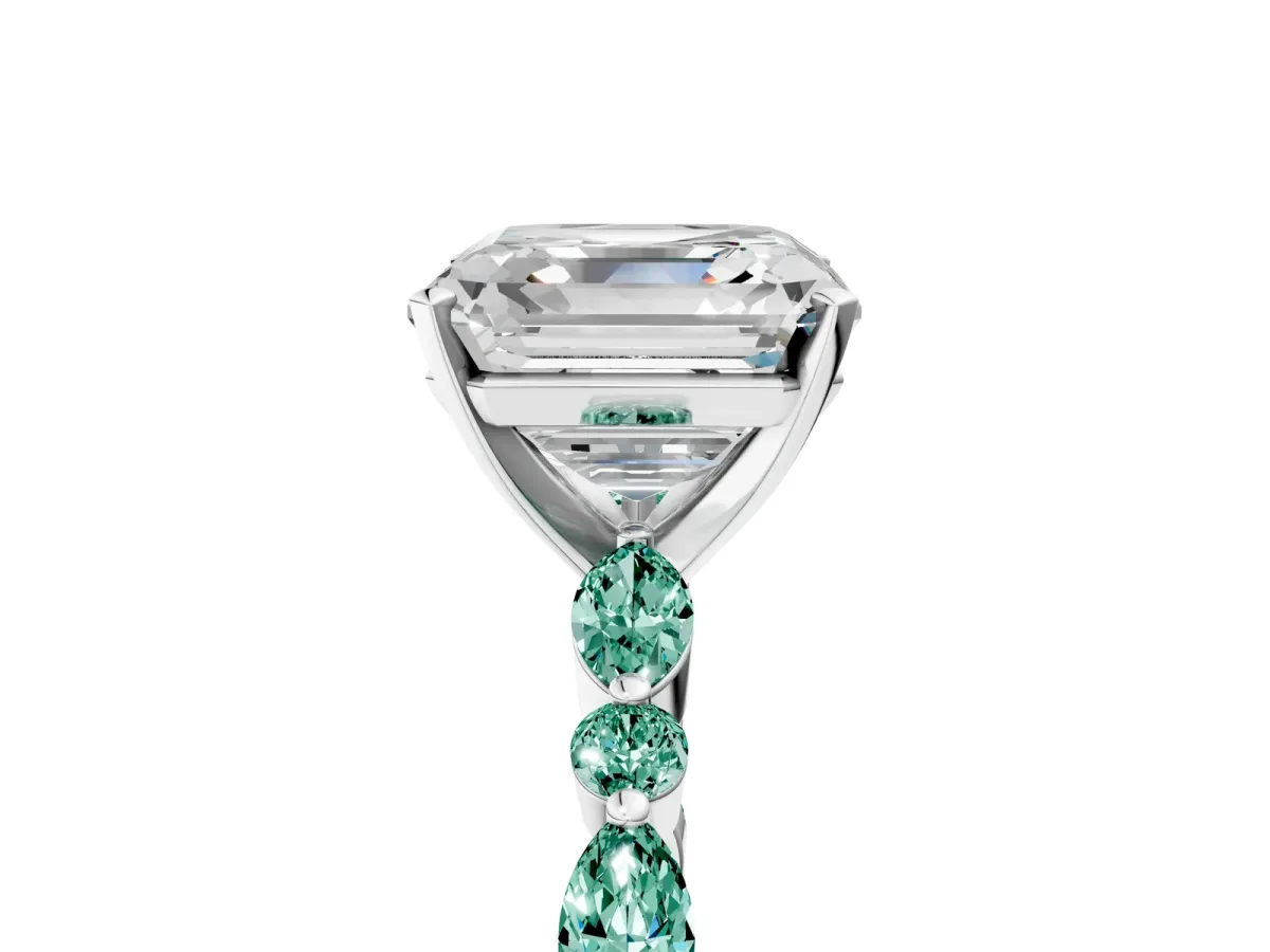 Asscher Cut Diamond Ring with Marquise and Round Green Sapphire Side Stones and Four-Prong Setting Platinum