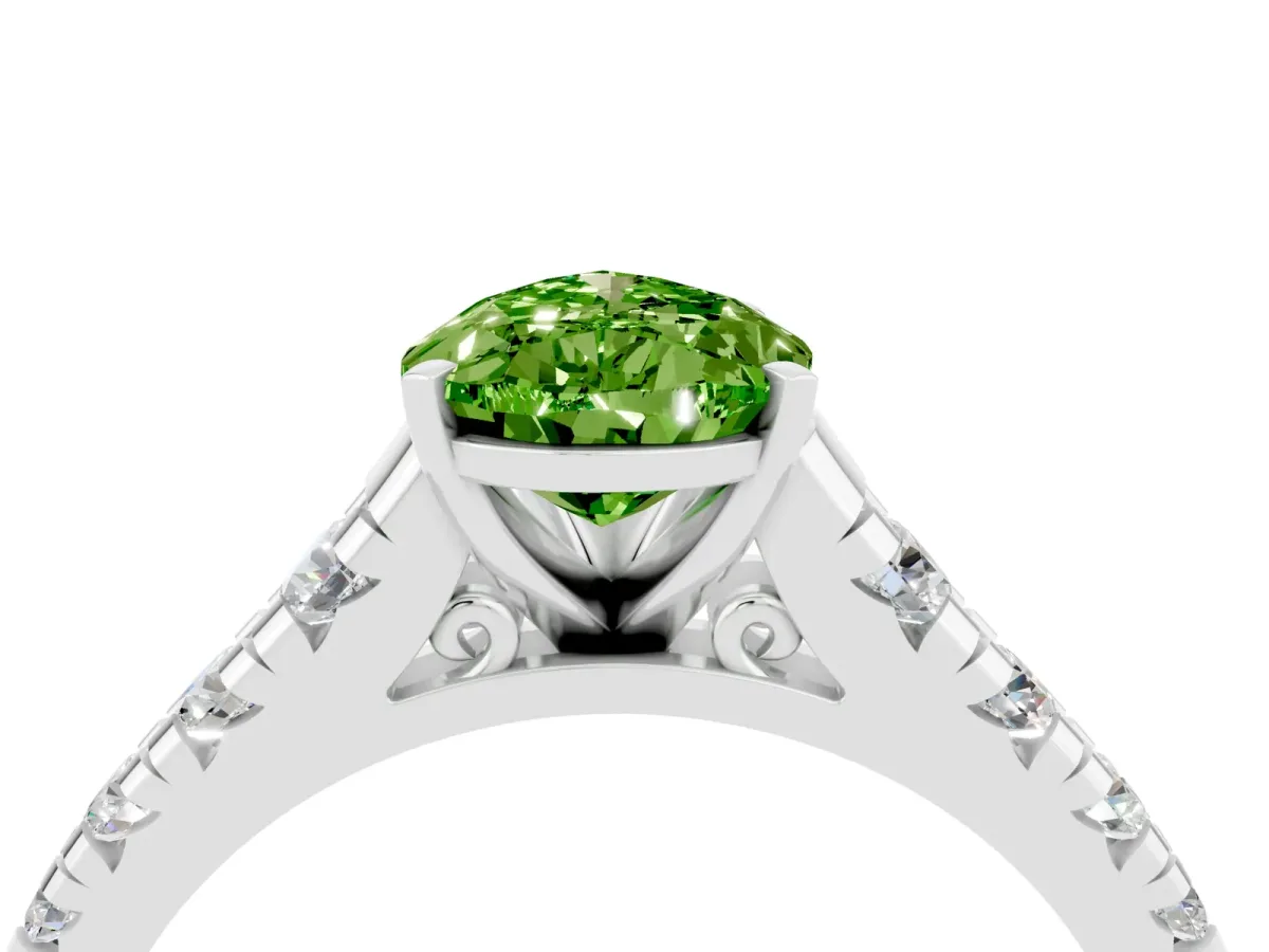 Pear Cut Peridot Cathedral Solitaire Ring with Round Pavé Band White gold