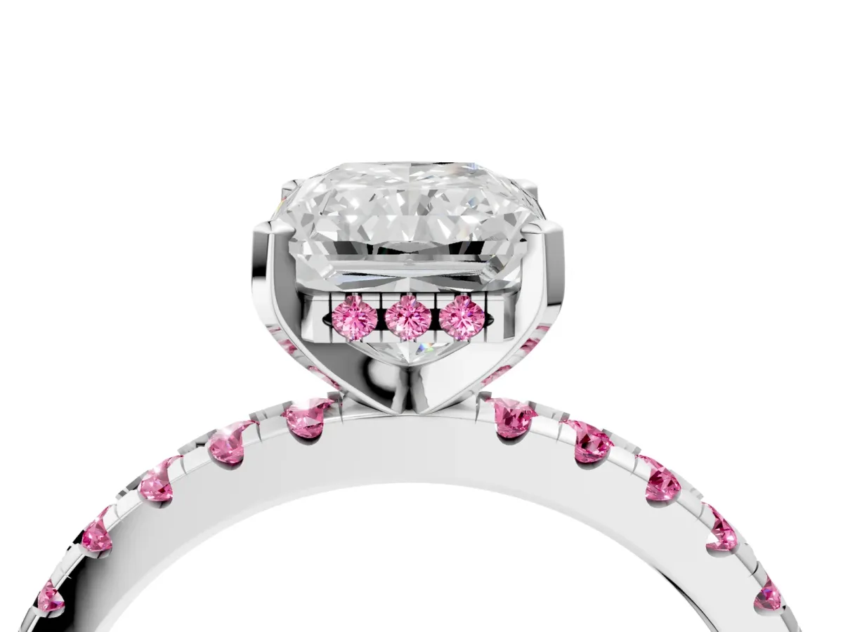 Radiant Cut Diamond Solitaire Ring with Round Pink Sapphire Pavé Band and Four-Prong Setting Silver