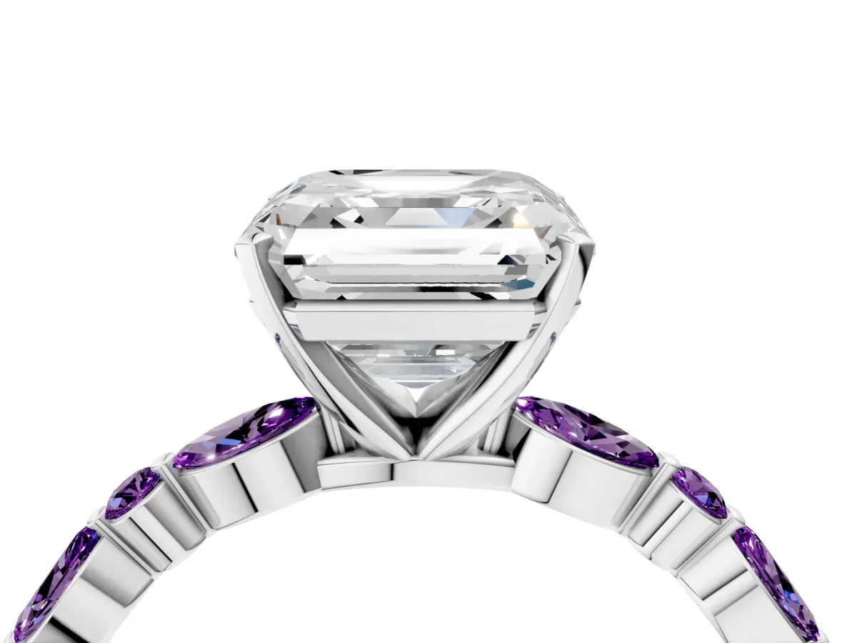 Asscher Cut Diamond Ring with Marquise and Round Amethyst Side Stones and Four-Prong Setting Platinum
