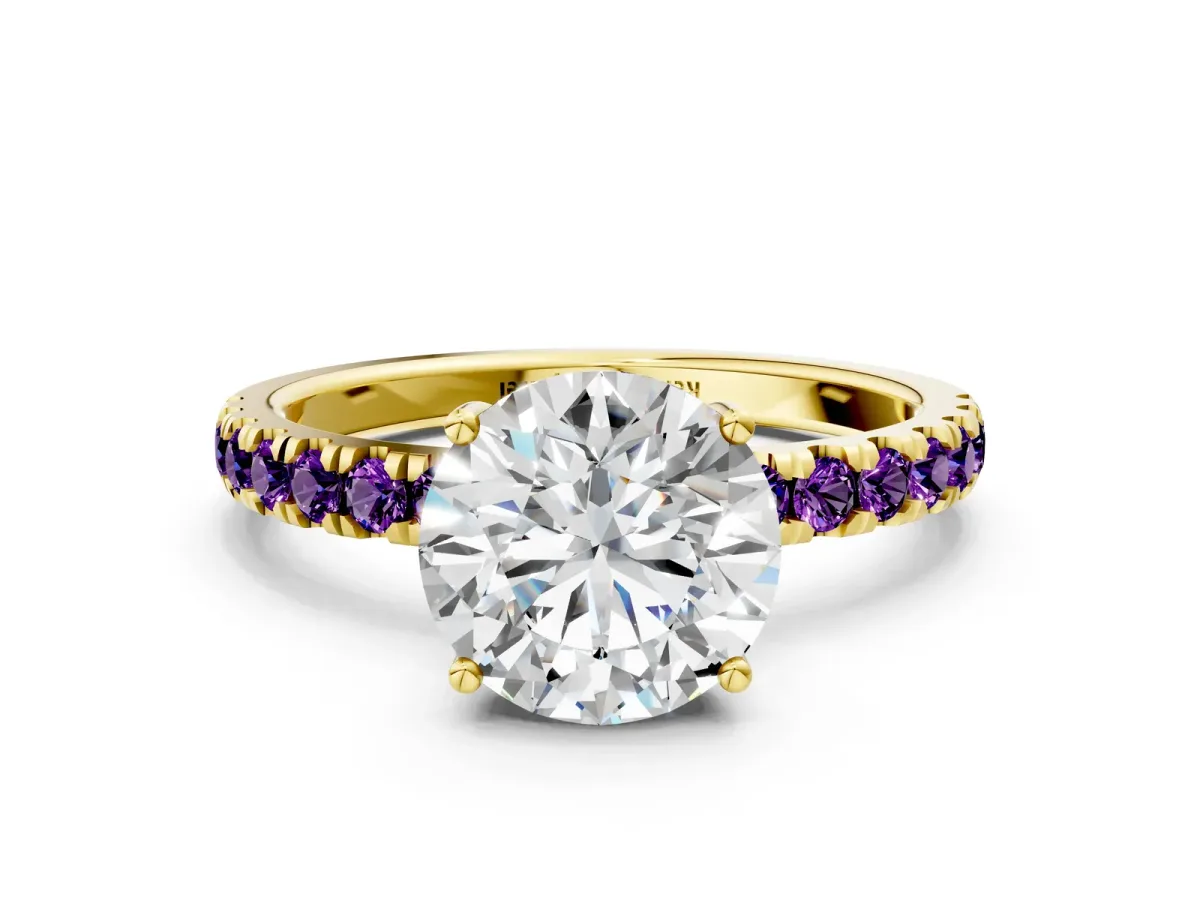 Round Cut Diamond Pave Band Solitaire Ring with Round Amethyst and Prong Setting Yellow gold