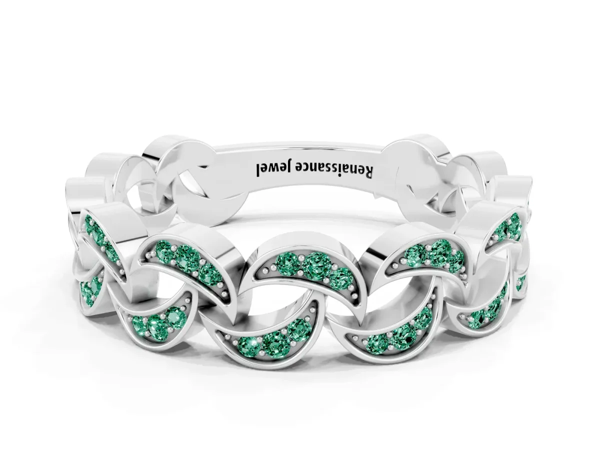 Pavé Round Green Sapphire Interlocking Eternity Band with Bezel Prong Setting Platinum