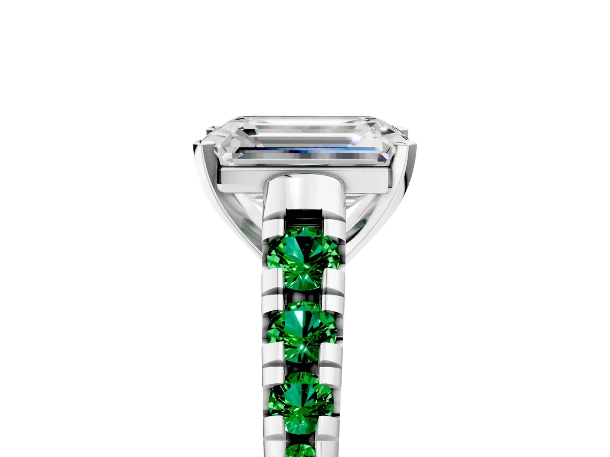 Emerald Cut Diamond Cathedral Solitaire Ring with Round Emerald Pavé Band White gold