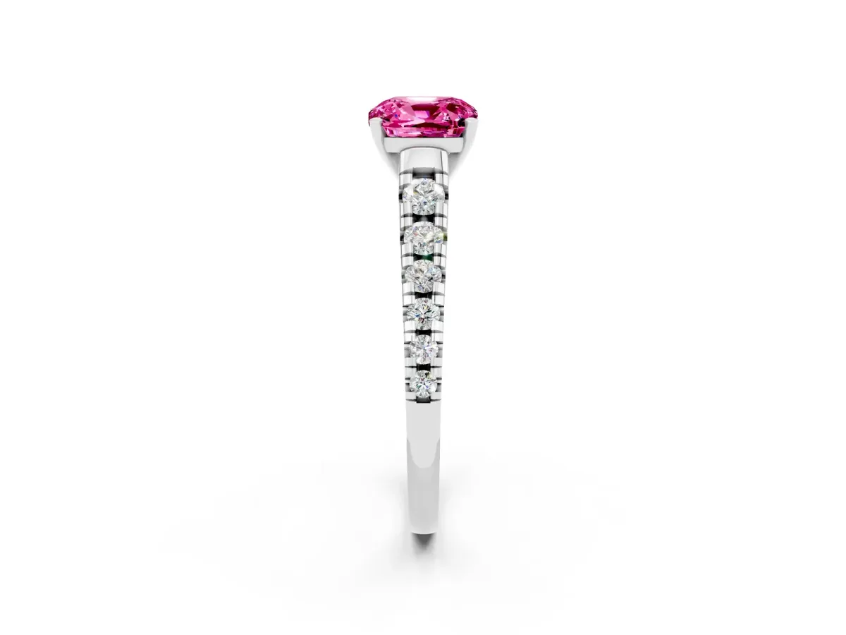 Cushion Cut Pink Sapphire Cathedral Solitaire Ring with Round Pavé Band Platinum