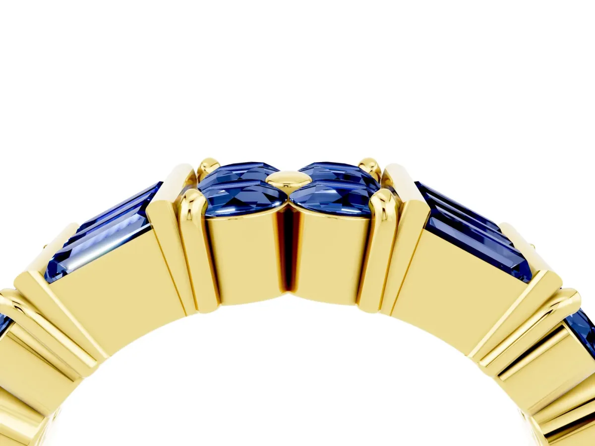 Channel Set Round and Baguette Blue Sapphire Anniversary Band with Prong Setting Yellow gold