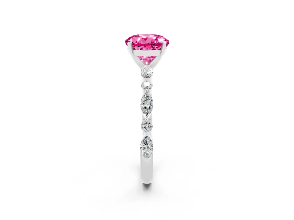 Round Cut Pink Sapphire Ring with Marquise and Round Side Stones and Four-Prong Setting Silver