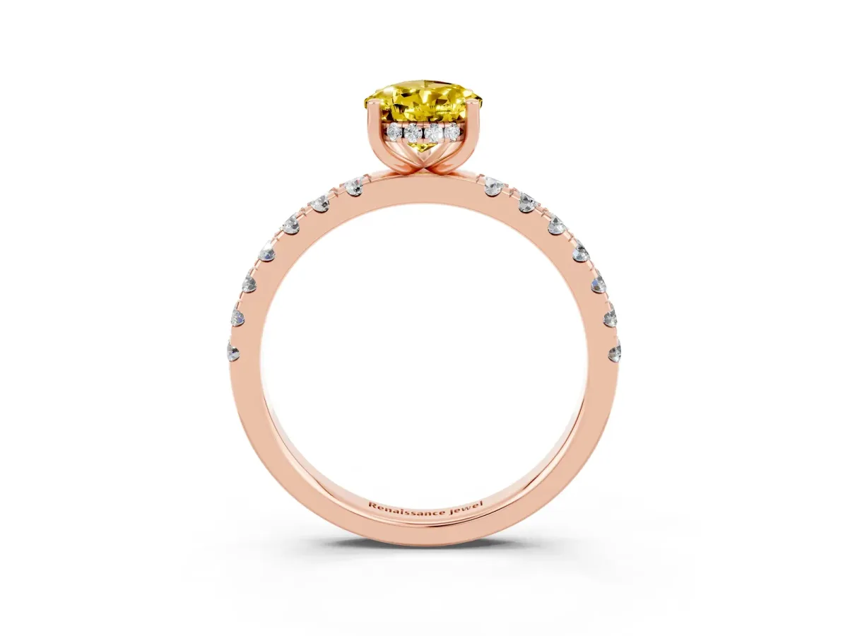 Pear Cut Yellow Sapphire Pave Band Solitaire Ring with Round and Prong Setting Rose gold