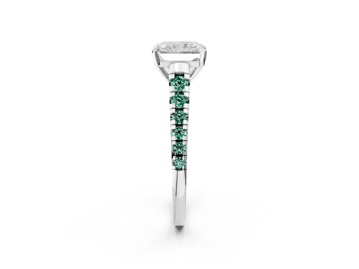 Radiant Cut Diamond Cathedral Solitaire Ring with Round Green Sapphire Pavé Band Silver