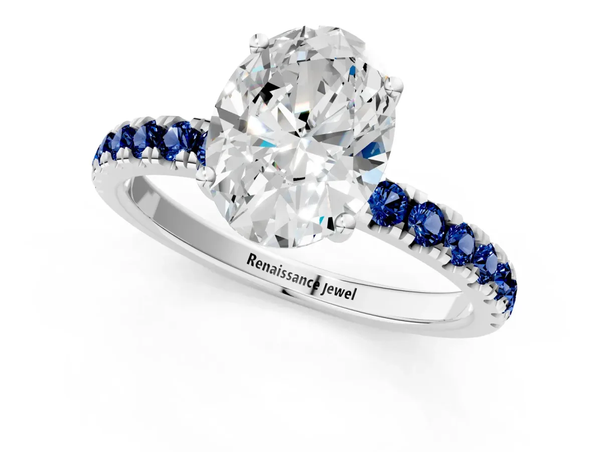 Oval Cut Diamond Pave Band Solitaire Ring with Round Blue Sapphire and Prong Setting Platinum