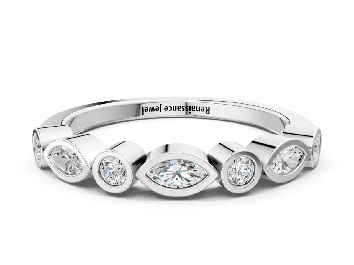 Bezel Set Marquise and Round Diamond Stackable Band White gold