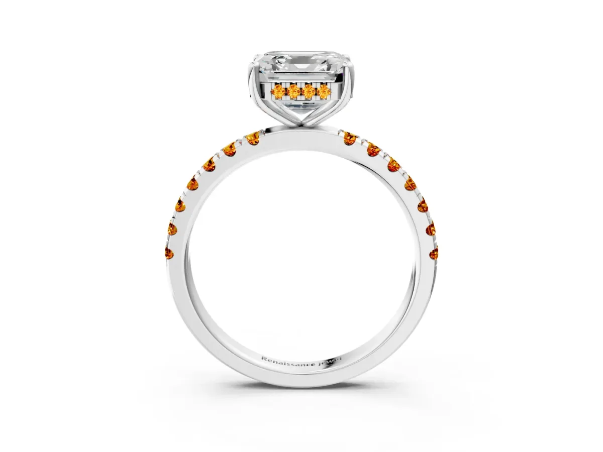 Asscher Cut Diamond Pave Band Solitaire Ring with Round Citrine and Prong Setting Platinum