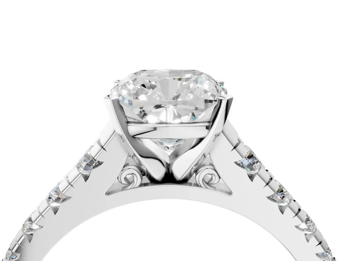 Cushion Cut Diamond Cathedral Solitaire Ring with Round Pavé Band Platinum