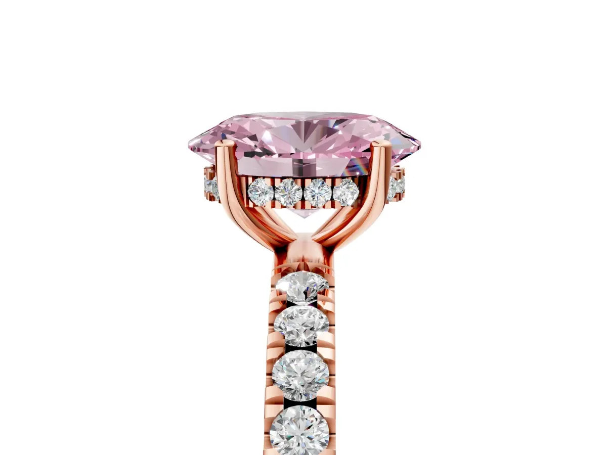 Fancy Pink Oval Cut Diamond Pave Band Solitaire Ring with Round and Prong Setting Rose gold