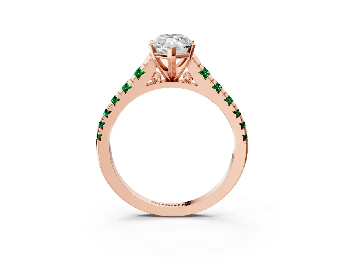 Marquise Cut Diamond Cathedral Solitaire Ring with Round Emerald Pavé Band Rose gold