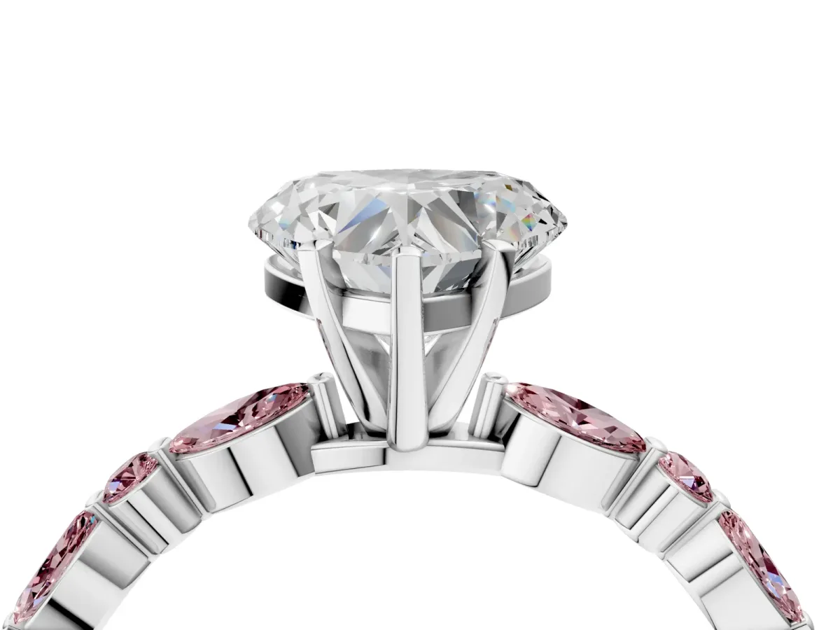 Heart Cut Diamond Ring with Marquise and Round Morganite Side Stones and Four-Prong Setting Silver