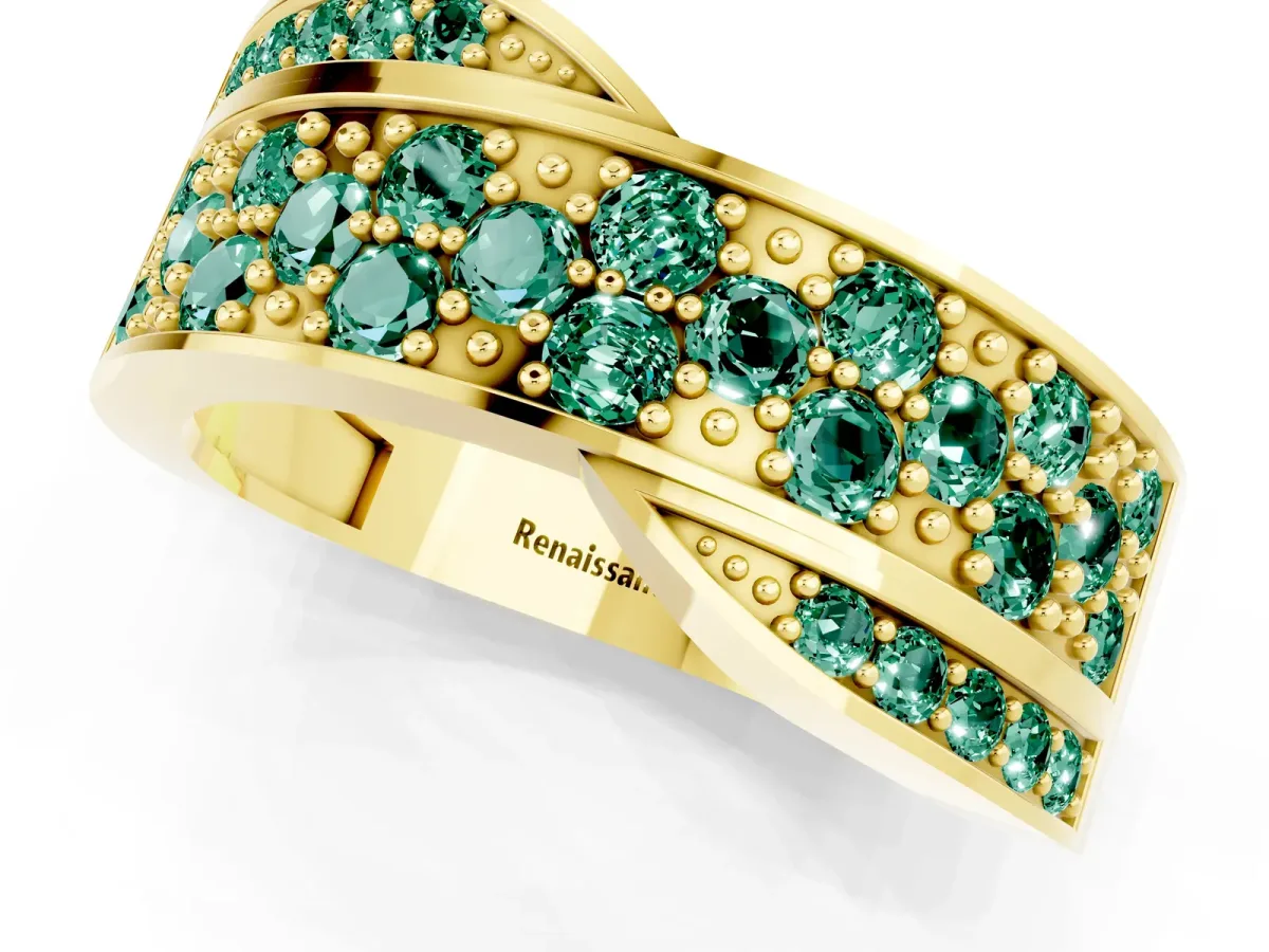 Pavé Round Green Sapphire Crossover Band with Bead Prong Setting Yellow gold